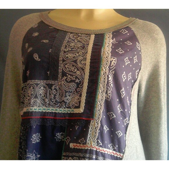 One September Anthropologie Bandana Patchwork Grey Knit Top Sm - Picture 4 of 11